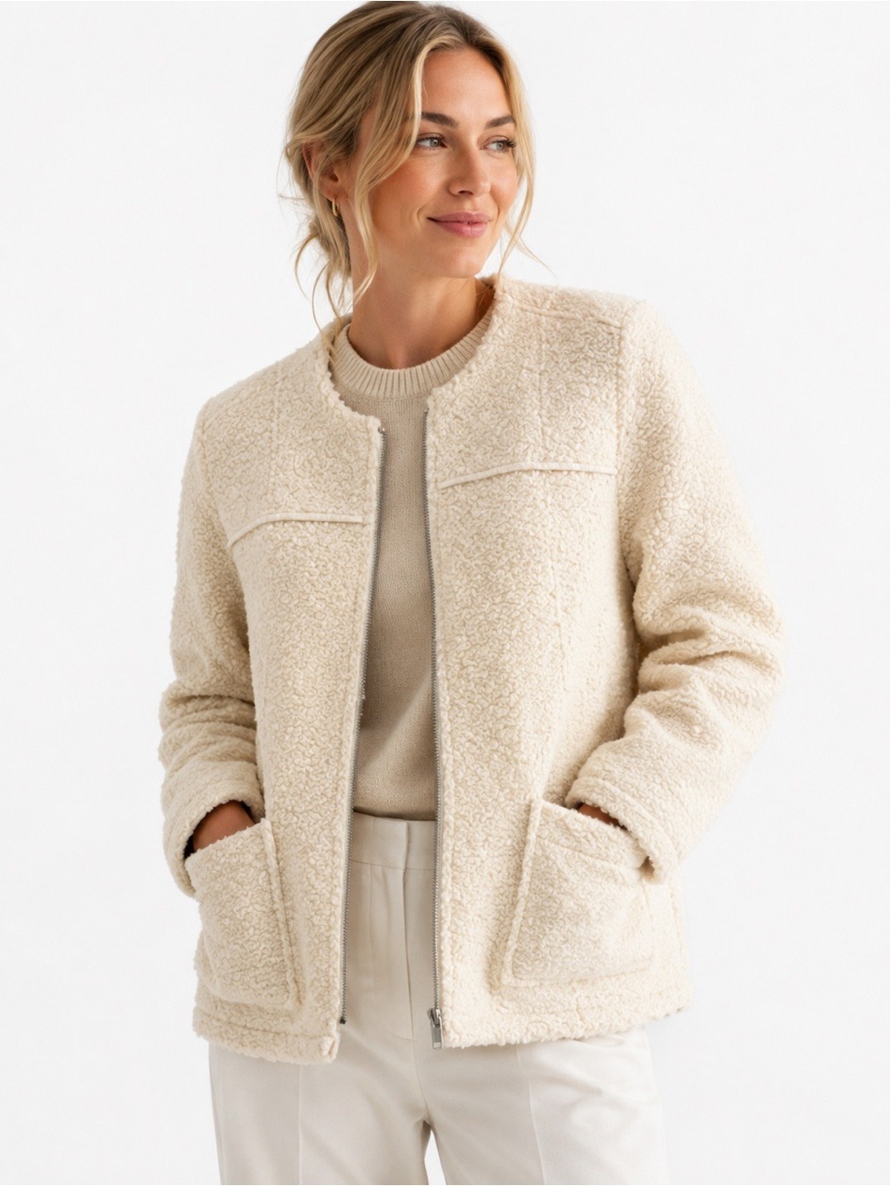 Cream Bouclé Textured Teddy Jacket, Spring Blazer Coat Full Zip | Le Grenier, L